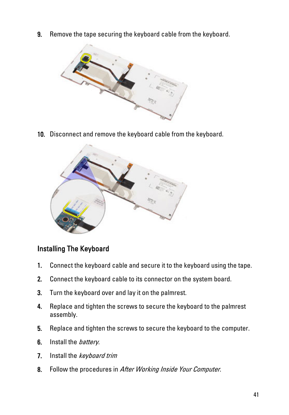 Installing the keyboard | Dell Latitude E6320 (Early 2011) User Manual | Page 41 / 117