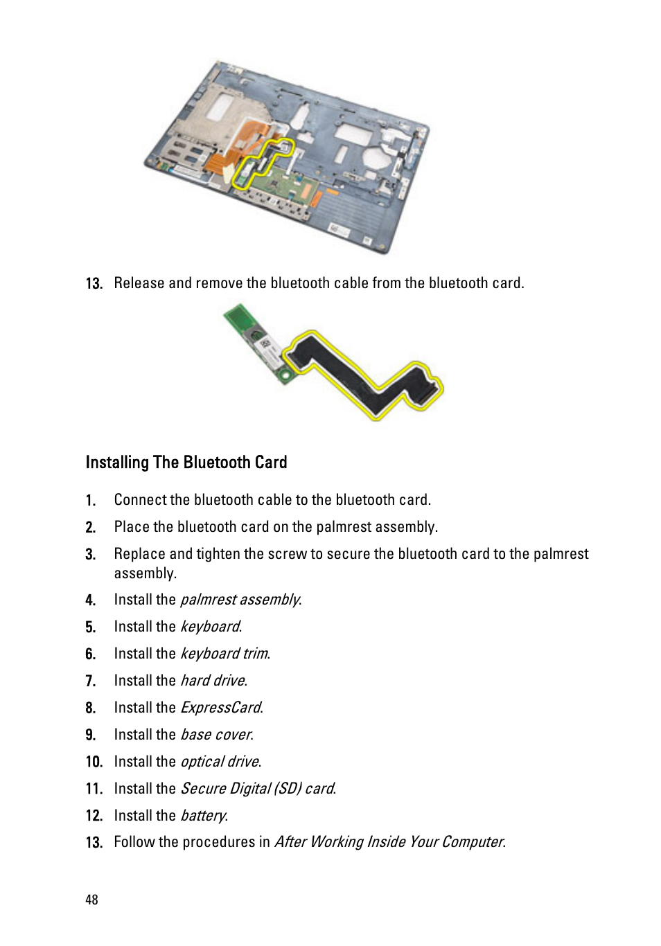 Installing the bluetooth card | Dell Latitude E6320 (Early 2011) User Manual | Page 48 / 117