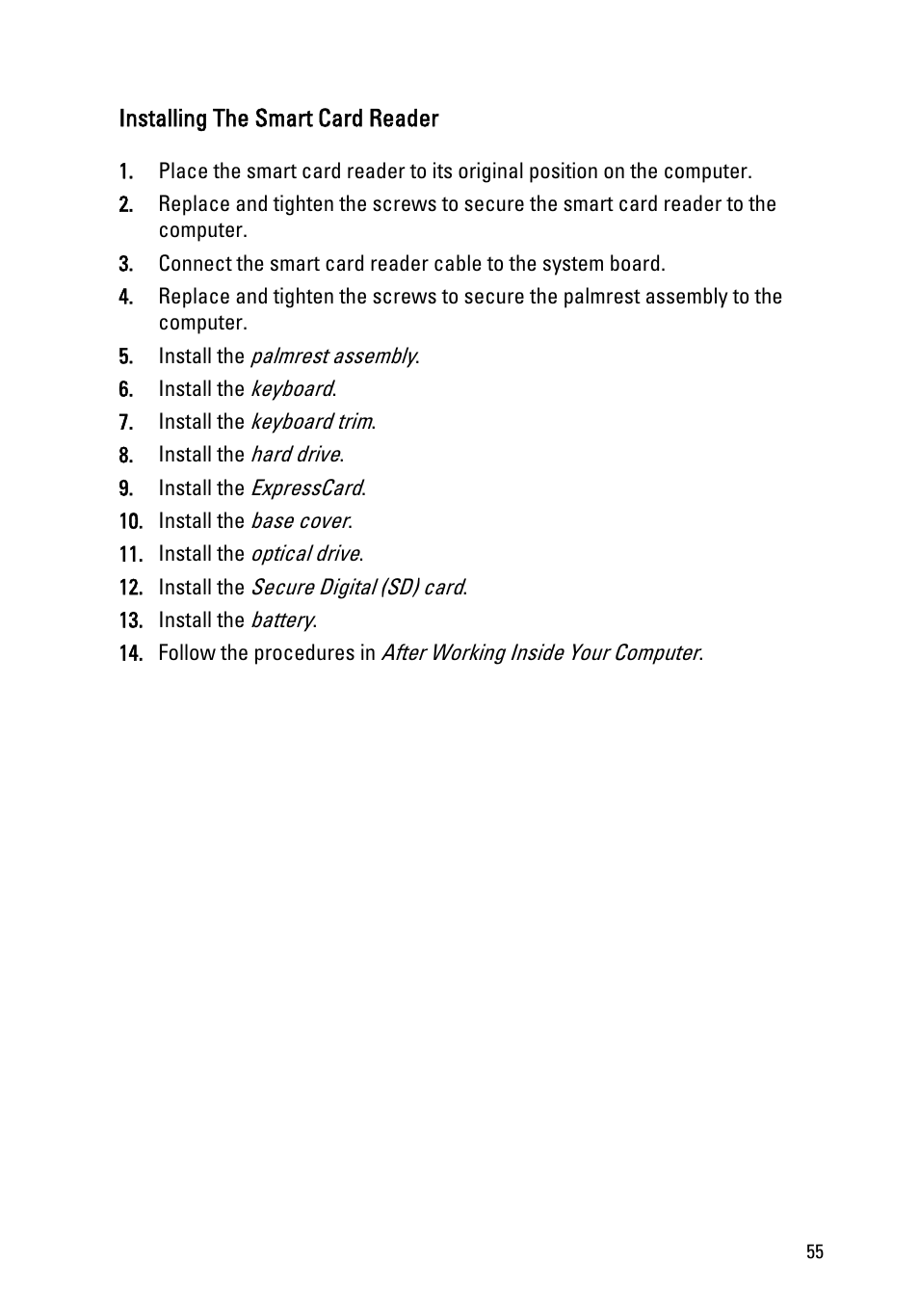 Installing the smart card reader | Dell Latitude E6320 (Early 2011) User Manual | Page 55 / 117
