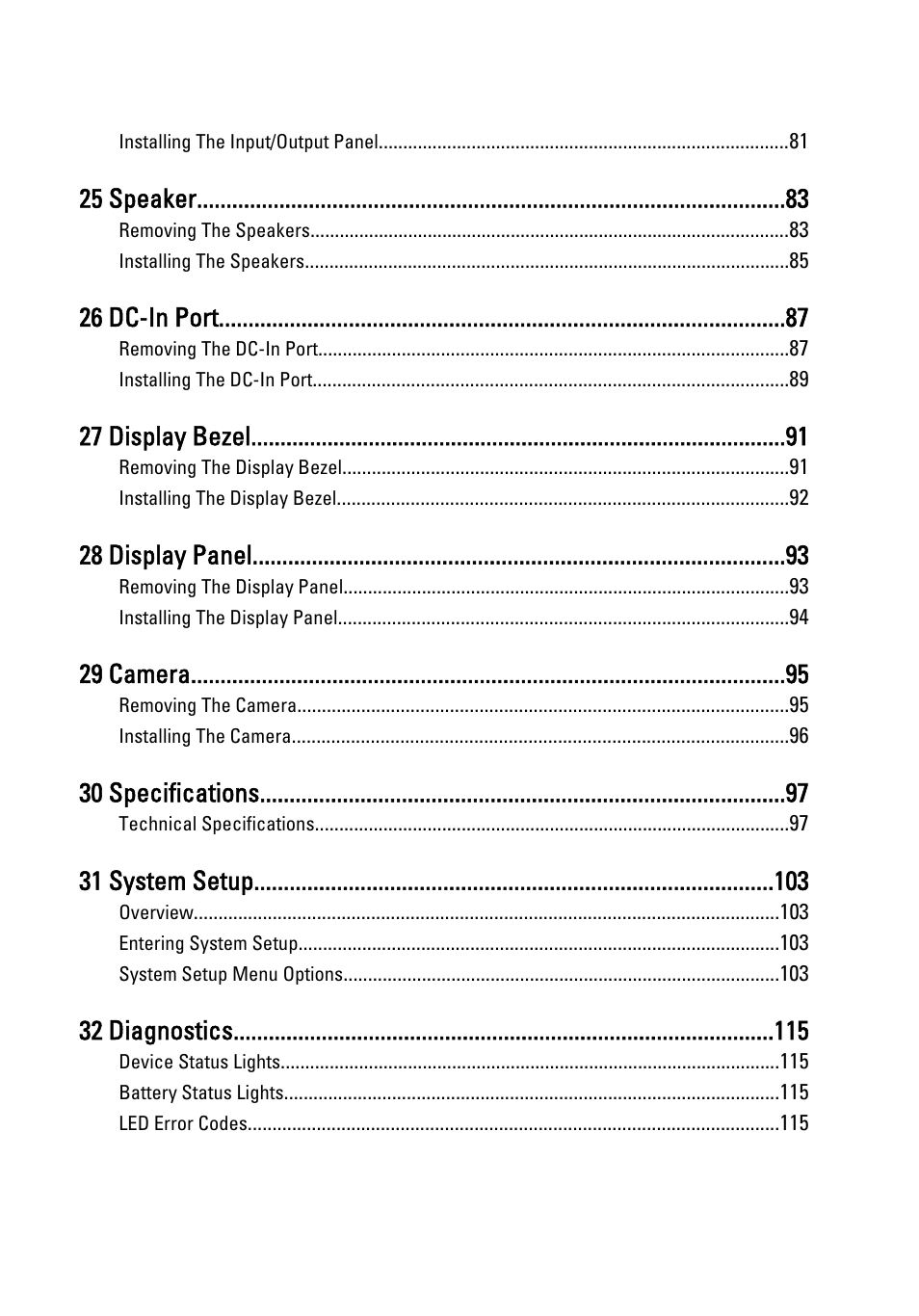 25 speaker, 26 dc-in port, 27 display bezel | 28 display panel, 29 camera, 30 specifications, 31 system setup, 32 diagnostics | Dell Latitude E6320 (Early 2011) User Manual | Page 6 / 117