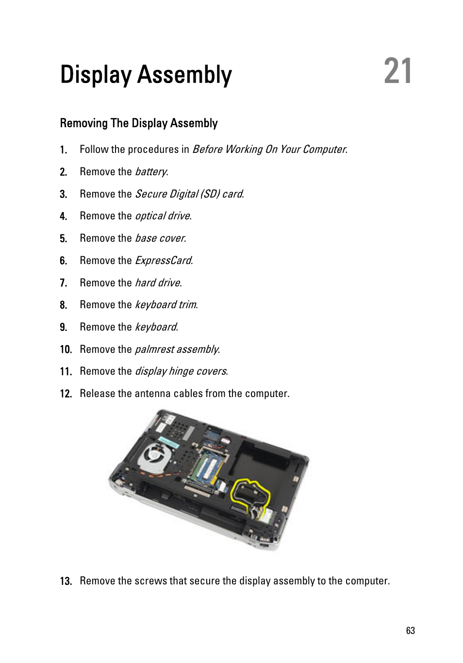 Display assembly, Removing the display assembly, 21 display assembly | Dell Latitude E6320 (Early 2011) User Manual | Page 63 / 117