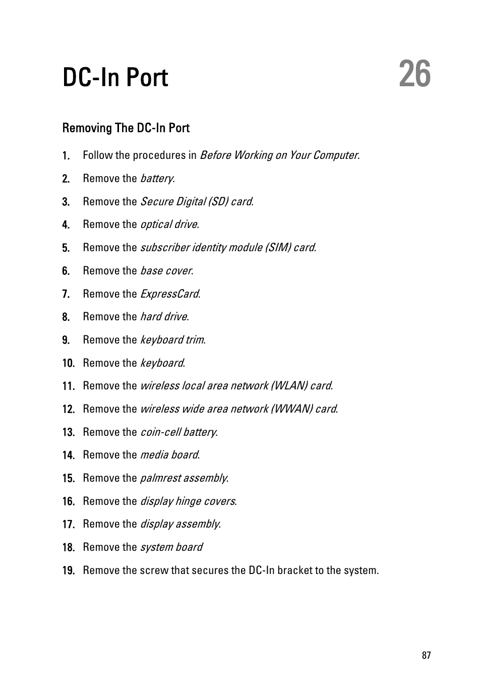 Dc-in port, Removing the dc-in port, 26 dc-in port | Dell Latitude E6320 (Early 2011) User Manual | Page 87 / 117