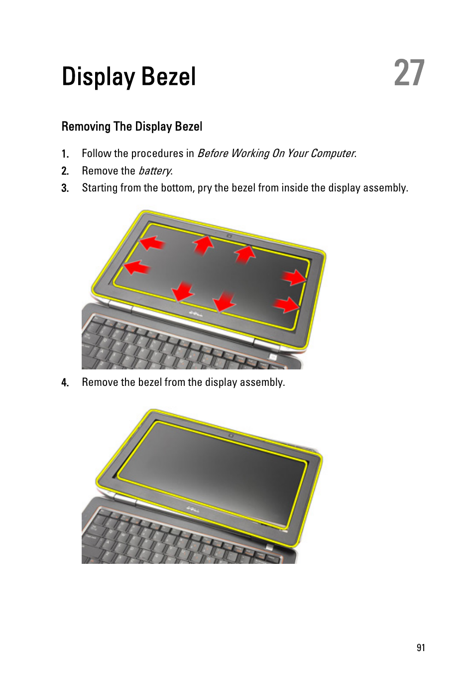 Display bezel, Removing the display bezel, 27 display bezel | Dell Latitude E6320 (Early 2011) User Manual | Page 91 / 117