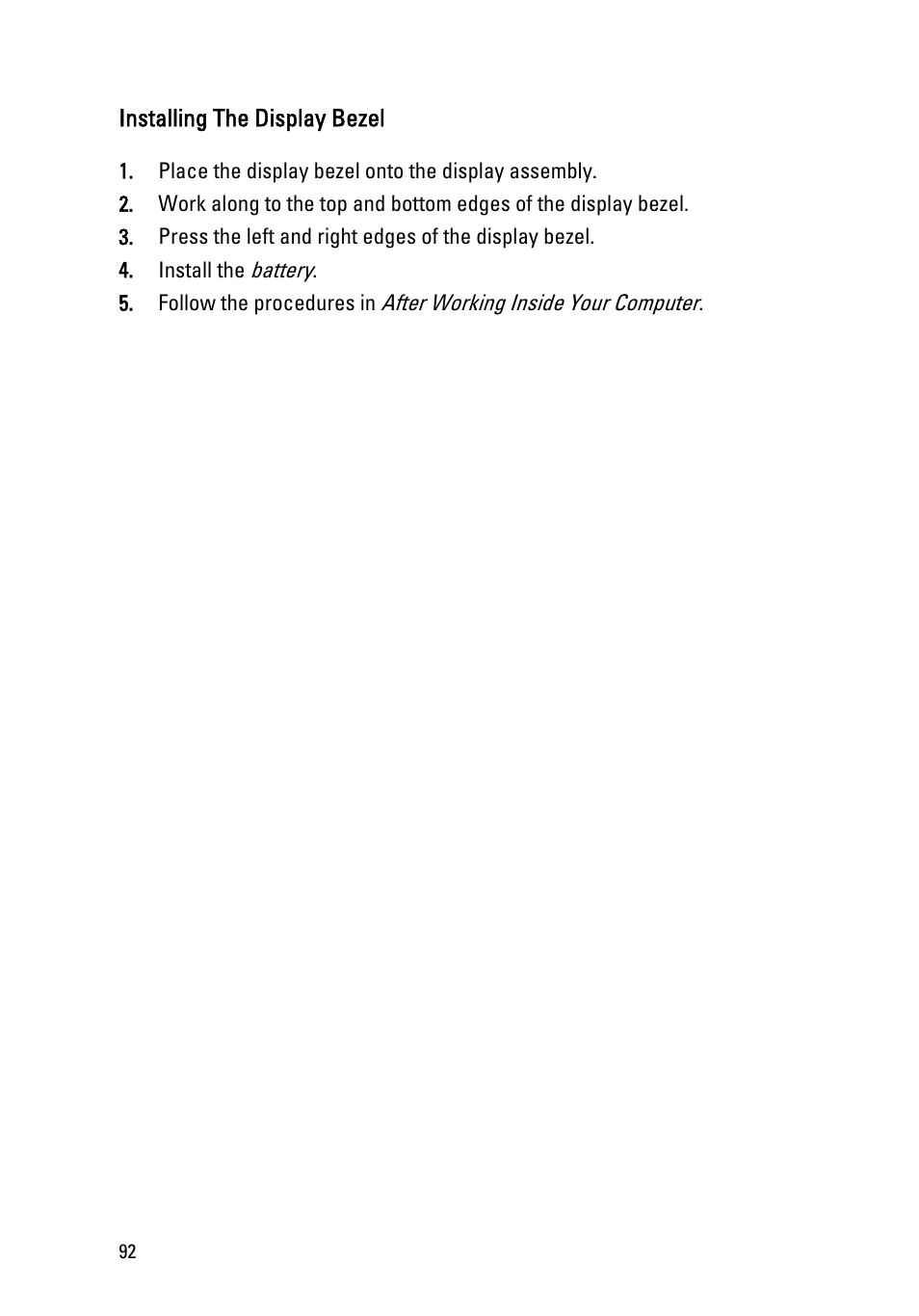 Installing the display bezel | Dell Latitude E6320 (Early 2011) User Manual | Page 92 / 117