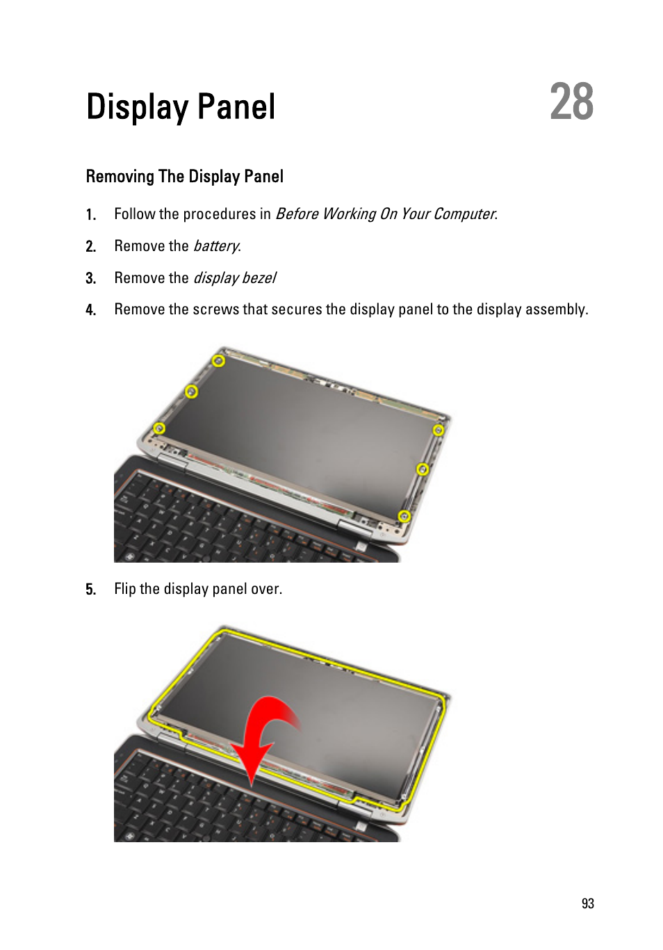 Display panel, Removing the display panel, 28 display panel | Dell Latitude E6320 (Early 2011) User Manual | Page 93 / 117