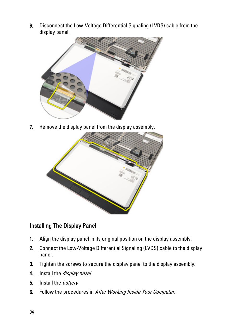 Installing the display panel | Dell Latitude E6320 (Early 2011) User Manual | Page 94 / 117