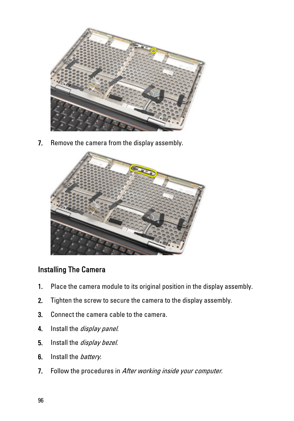 Installing the camera | Dell Latitude E6320 (Early 2011) User Manual | Page 96 / 117