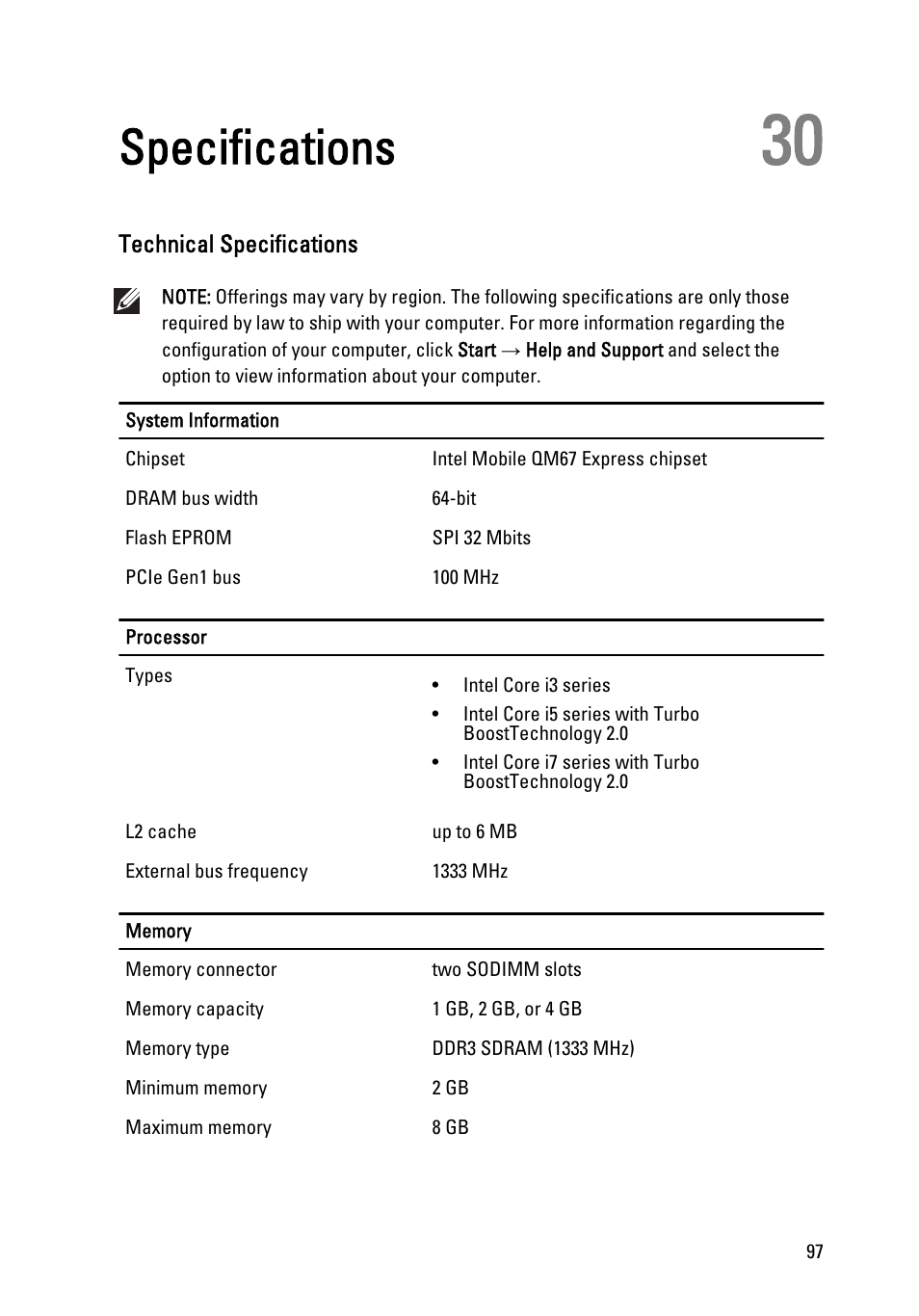 Specifications, Technical specifications, 30 specifications | Dell Latitude E6320 (Early 2011) User Manual | Page 97 / 117