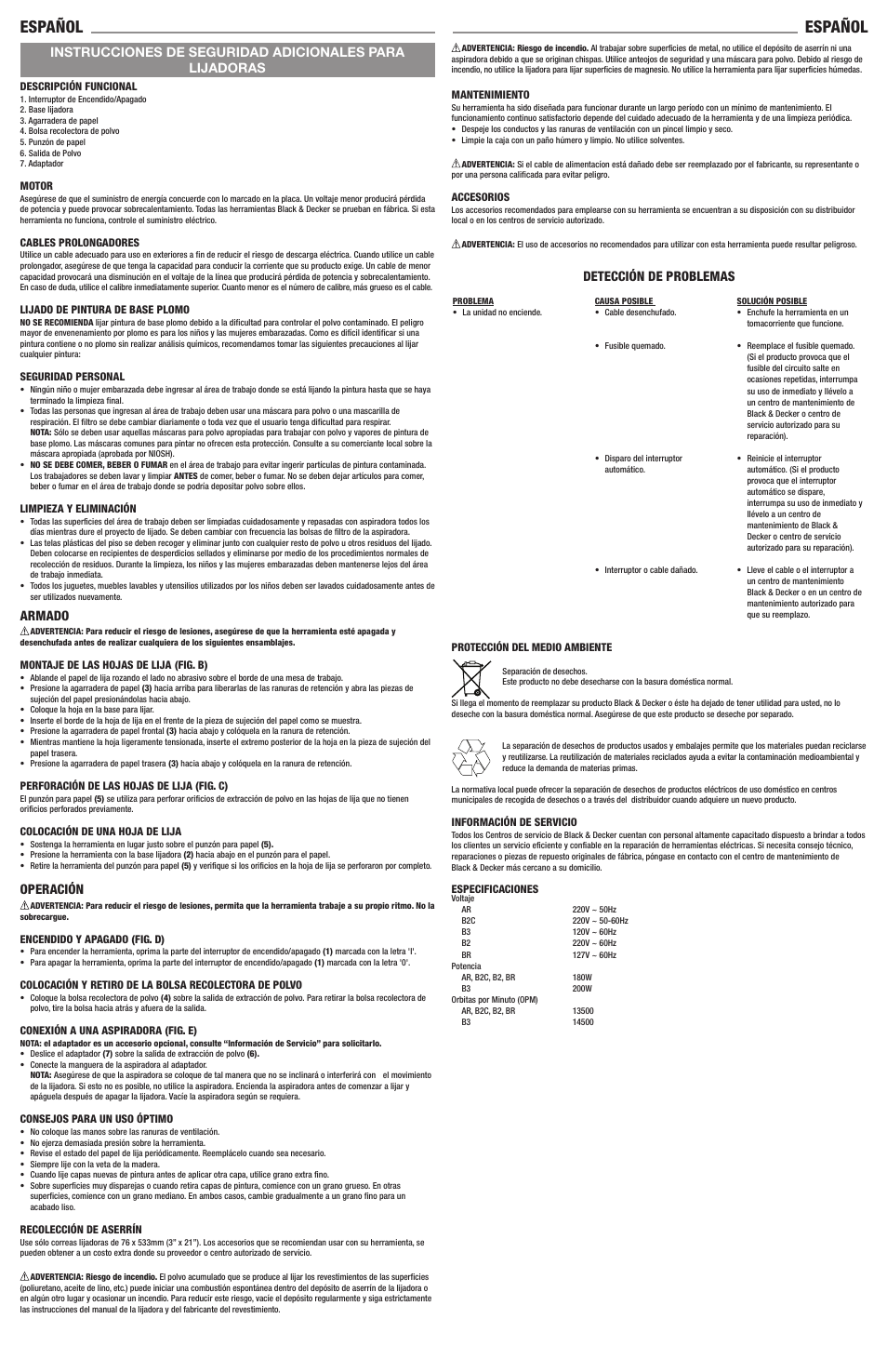Español, Armado, Operación | Detección de problemas | Black & Decker Linea Pro QS800 User Manual | Page 2 / 6