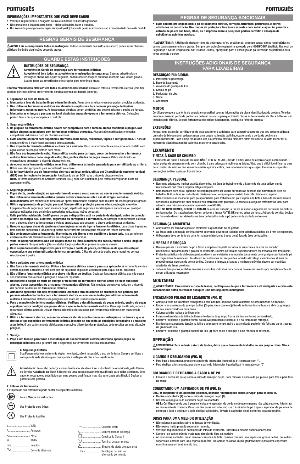 Português, Regras gerais de segurança guarde estas instruções, Lixamento | Montagem, Operação | Black & Decker Linea Pro QS800 User Manual | Page 3 / 6