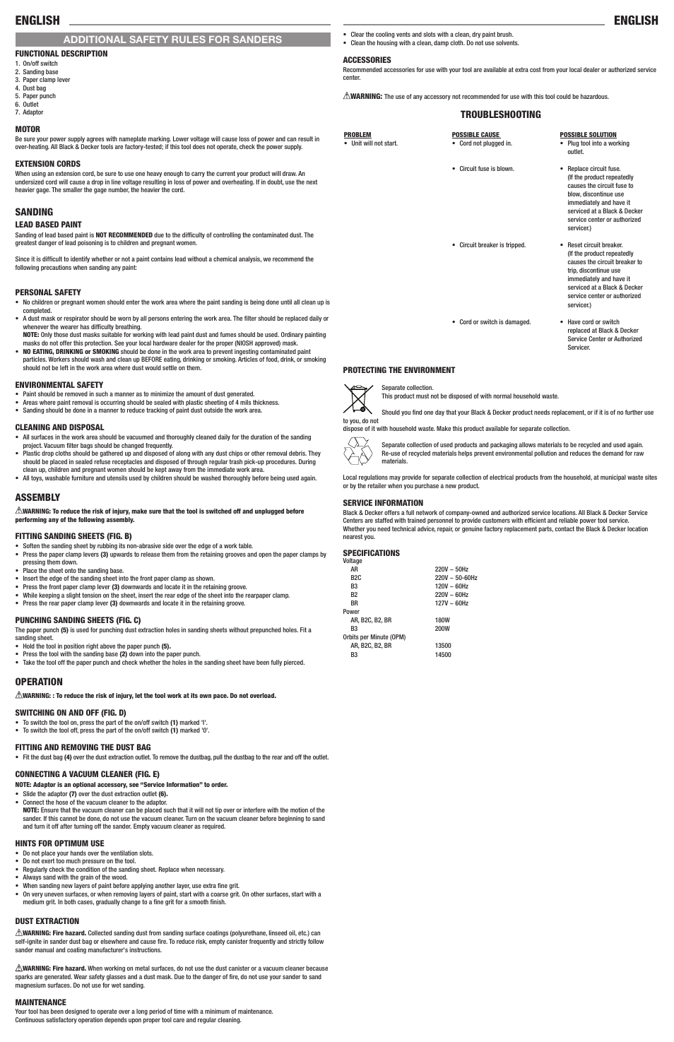 English, Sanding, Assembly | Operation, Additional safety rules for sanders, Troubleshooting | Black & Decker Linea Pro QS800 User Manual | Page 5 / 6
