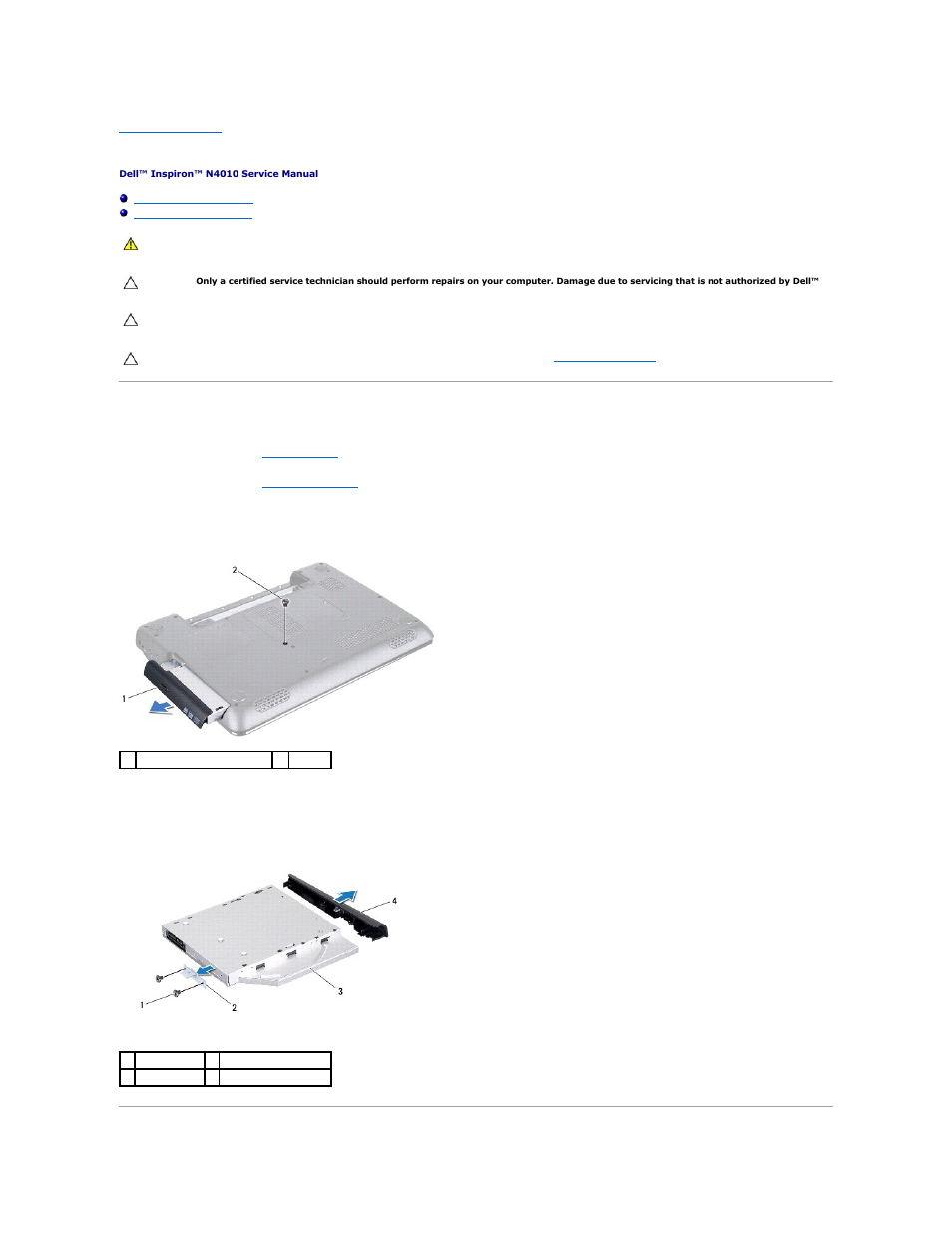 Optical drive, Removing the optical drive | Dell Inspiron 14 (M4010, Mid 2010) User Manual | Page 42 / 53