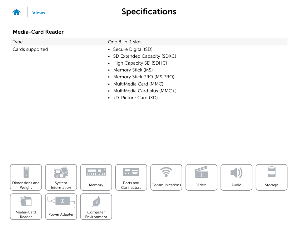 Media‑card, Reader, Specifications | Media-card reader | Dell Inspiron Small Desktop (3646, Mid 2014) User Manual | Page 13 / 15