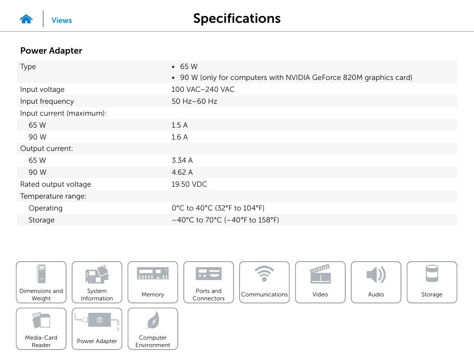 Power adapter, Specifications | Dell Inspiron Small Desktop (3646, Mid 2014) User Manual | Page 14 / 15