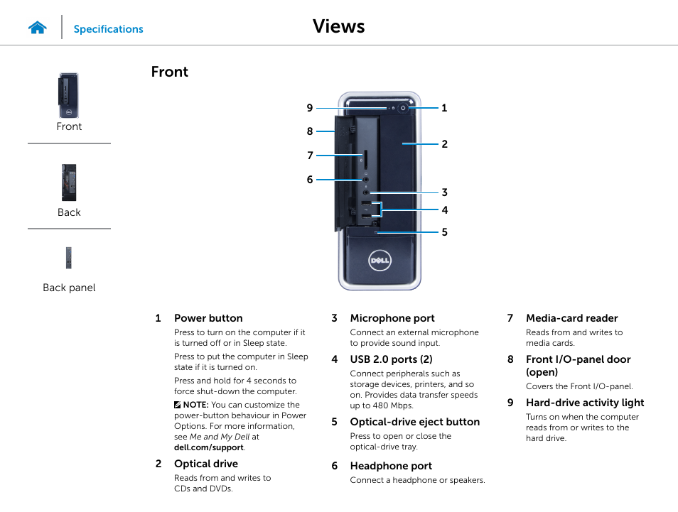 Views, Front | Dell Inspiron Small Desktop (3646, Mid 2014) User Manual | Page 2 / 15
