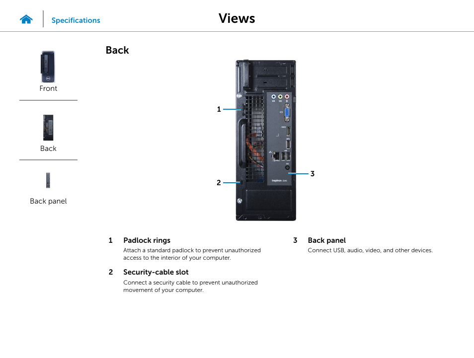 Back, Views | Dell Inspiron Small Desktop (3646, Mid 2014) User Manual | Page 3 / 15