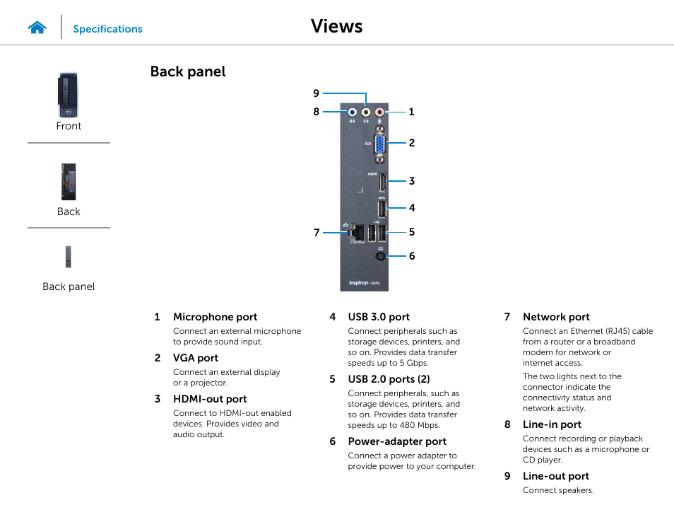 Back panel, Views | Dell Inspiron Small Desktop (3646, Mid 2014) User Manual | Page 4 / 15