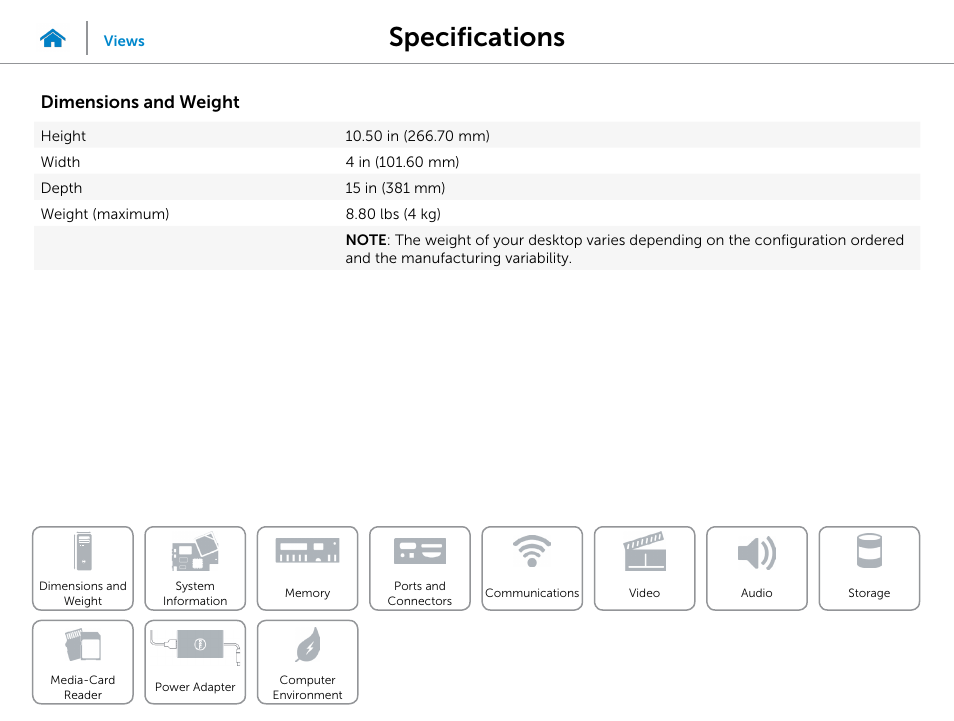 Specifications, Dimensions and weight | Dell Inspiron Small Desktop (3646, Mid 2014) User Manual | Page 5 / 15