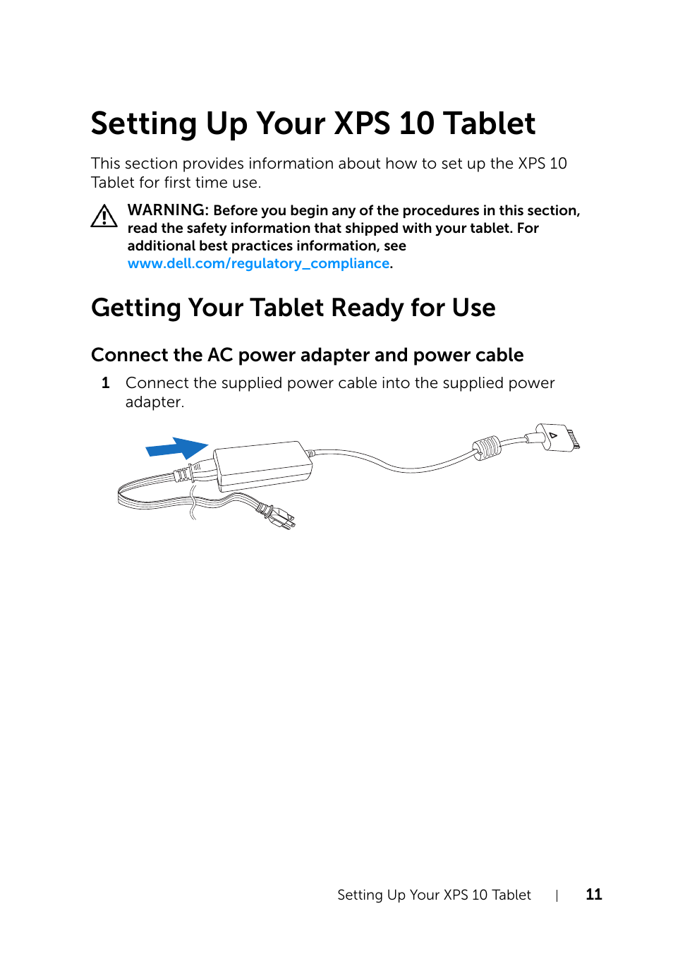 Setting up your xps 10 tablet, Getting your tablet ready for use, Connect the ac power adapter and power cable | Dell XPS 10 Tablet User Manual | Page 11 / 47