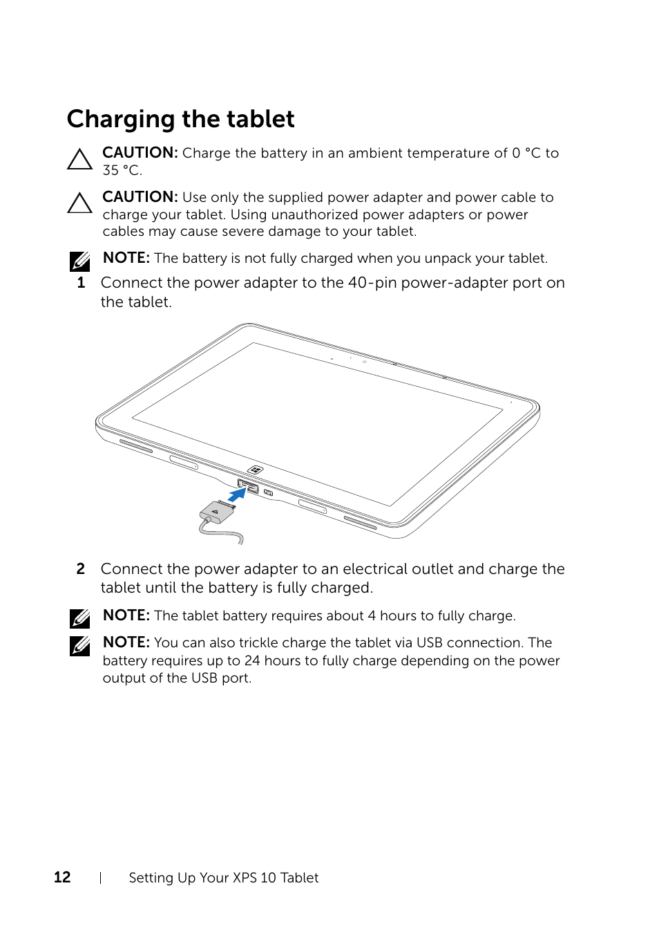 Charging the tablet | Dell XPS 10 Tablet User Manual | Page 12 / 47