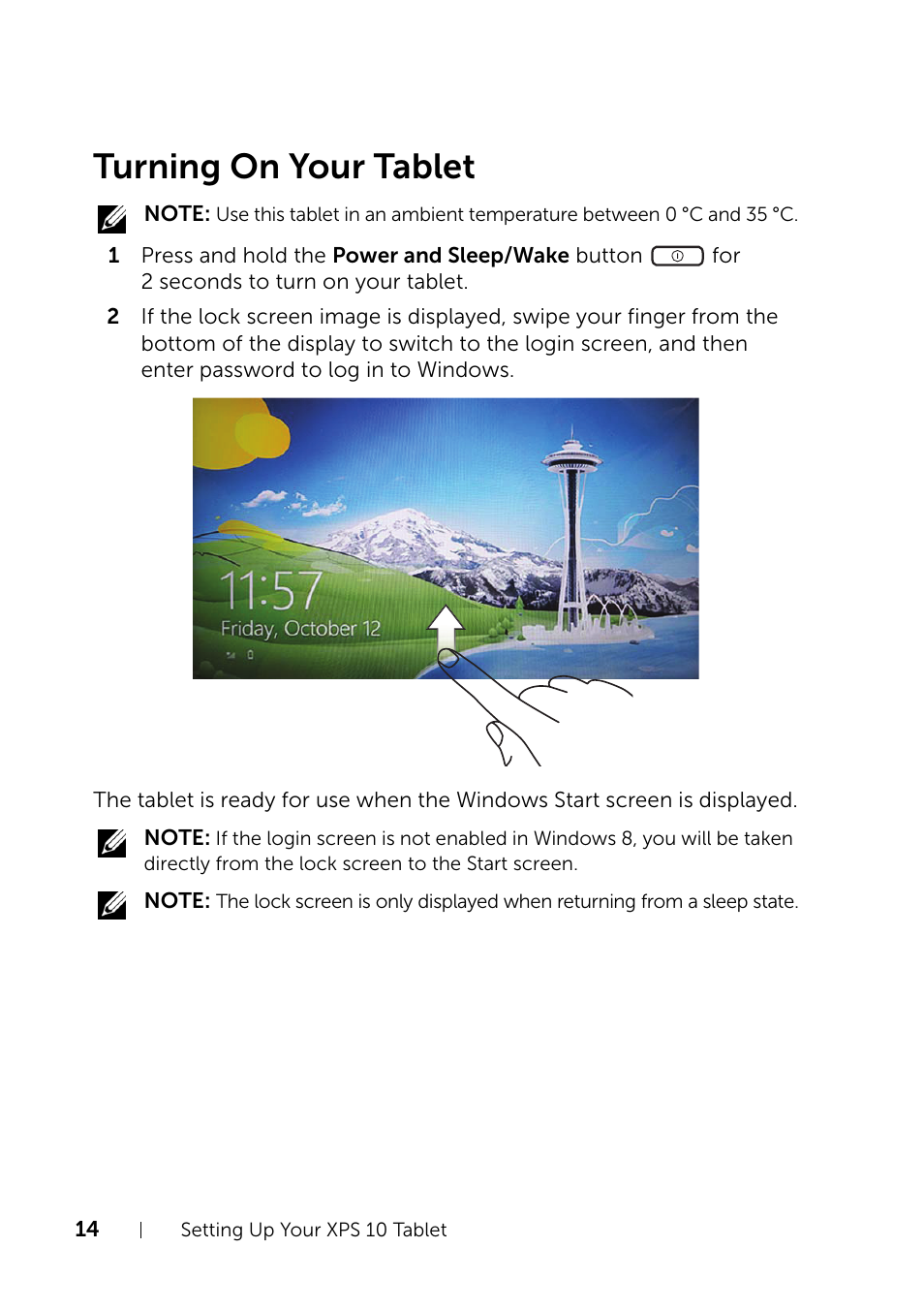 Turning on your tablet | Dell XPS 10 Tablet User Manual | Page 14 / 47