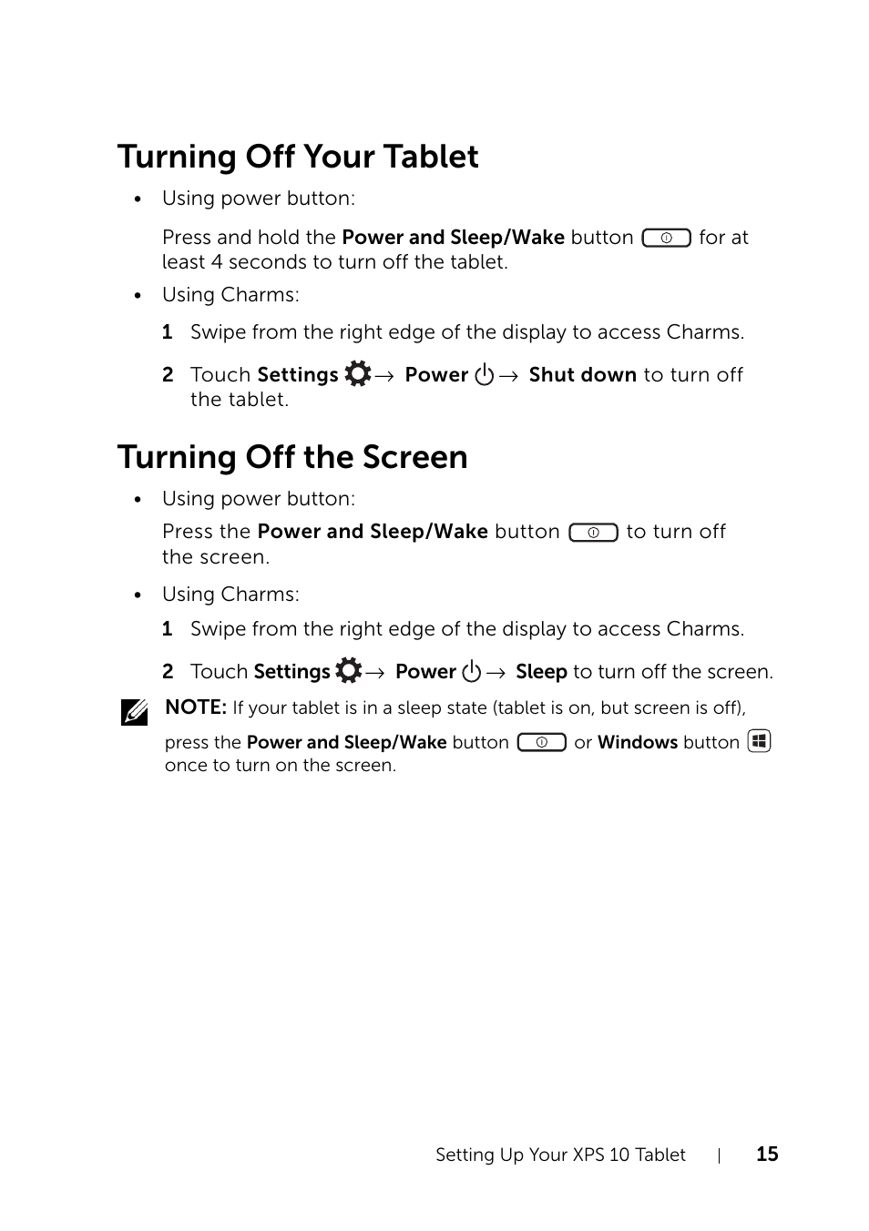 Turning off your tablet, Turning off the screen | Dell XPS 10 Tablet User Manual | Page 15 / 47