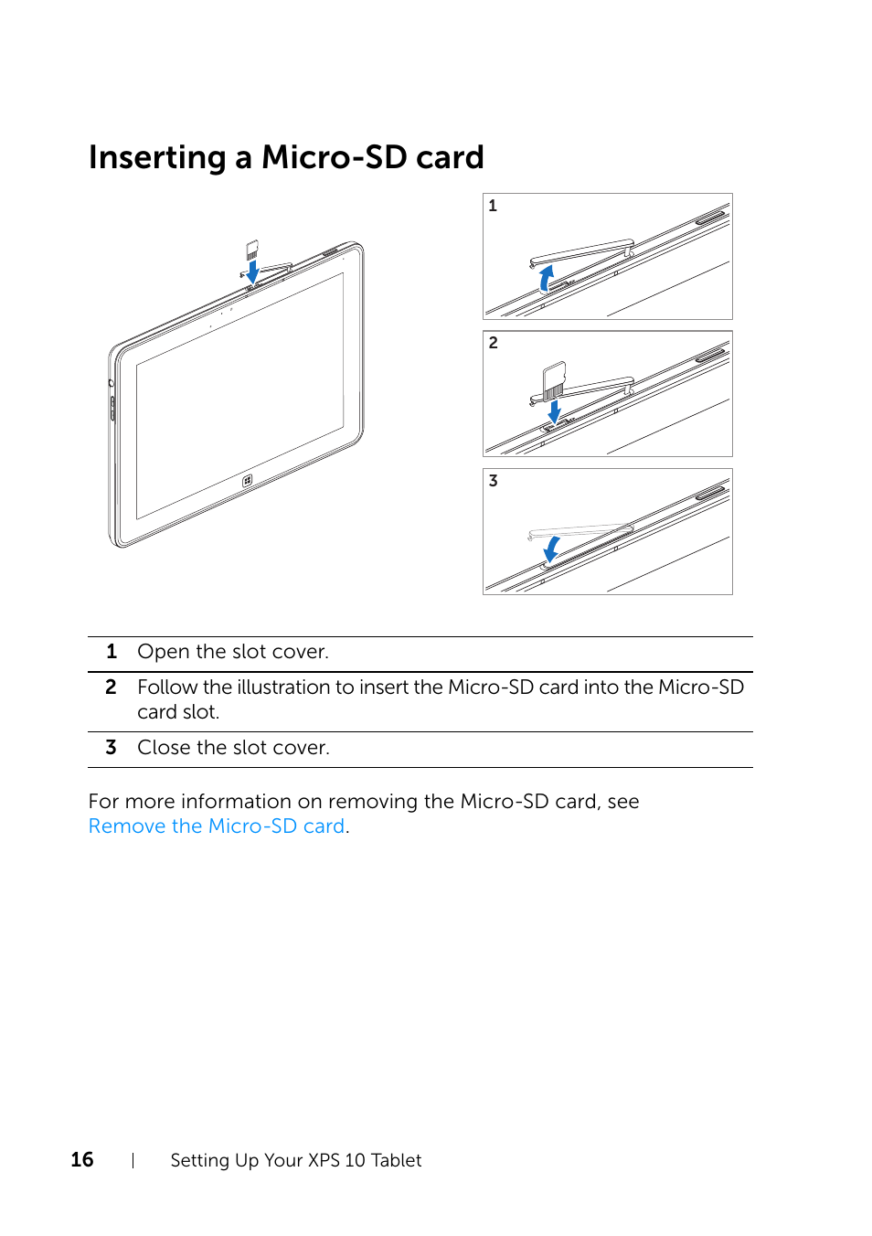 Inserting a micro-sd card | Dell XPS 10 Tablet User Manual | Page 16 / 47
