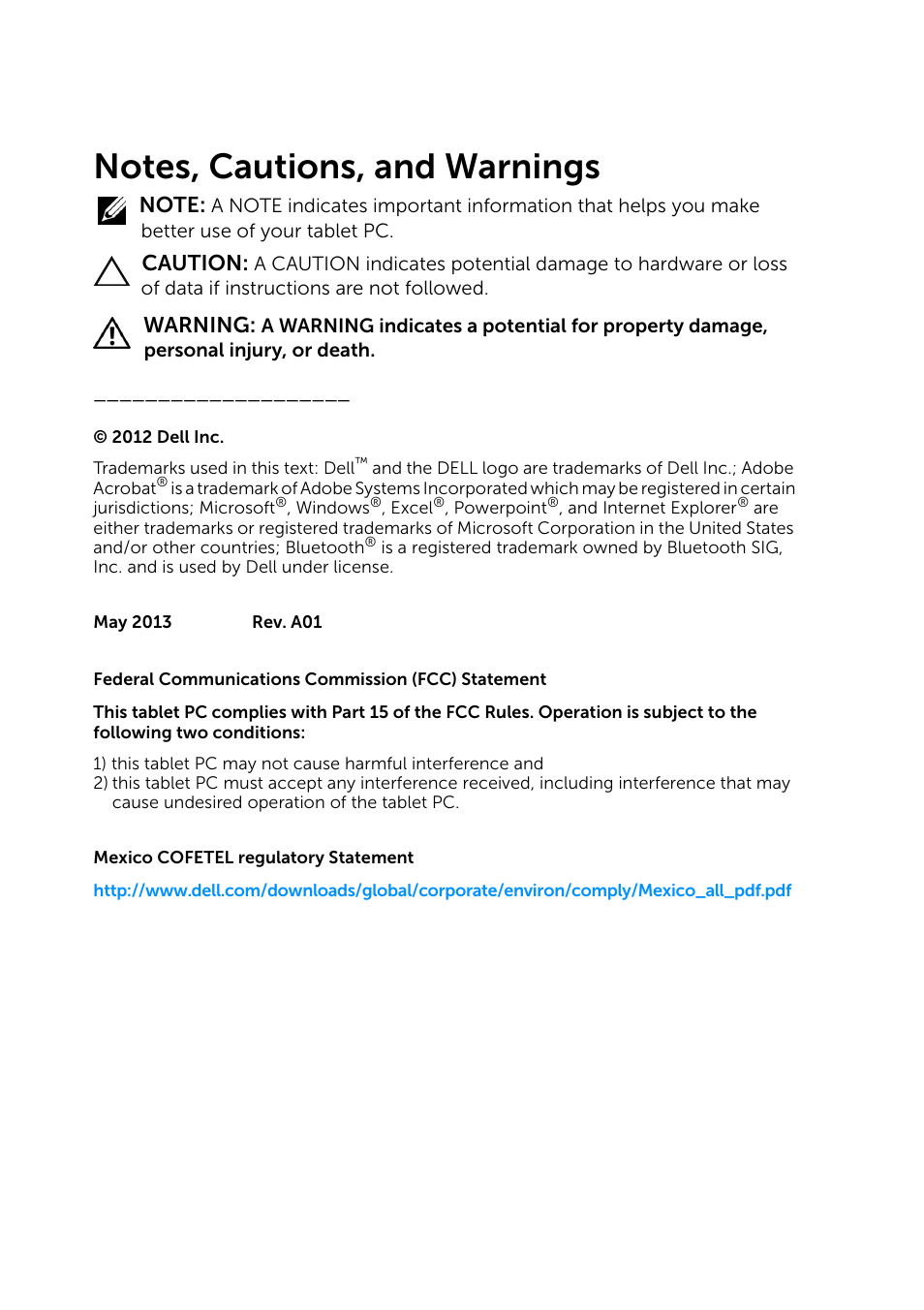Notes, cautions, and warnings, Caution, Warning | Dell XPS 10 Tablet User Manual | Page 2 / 47