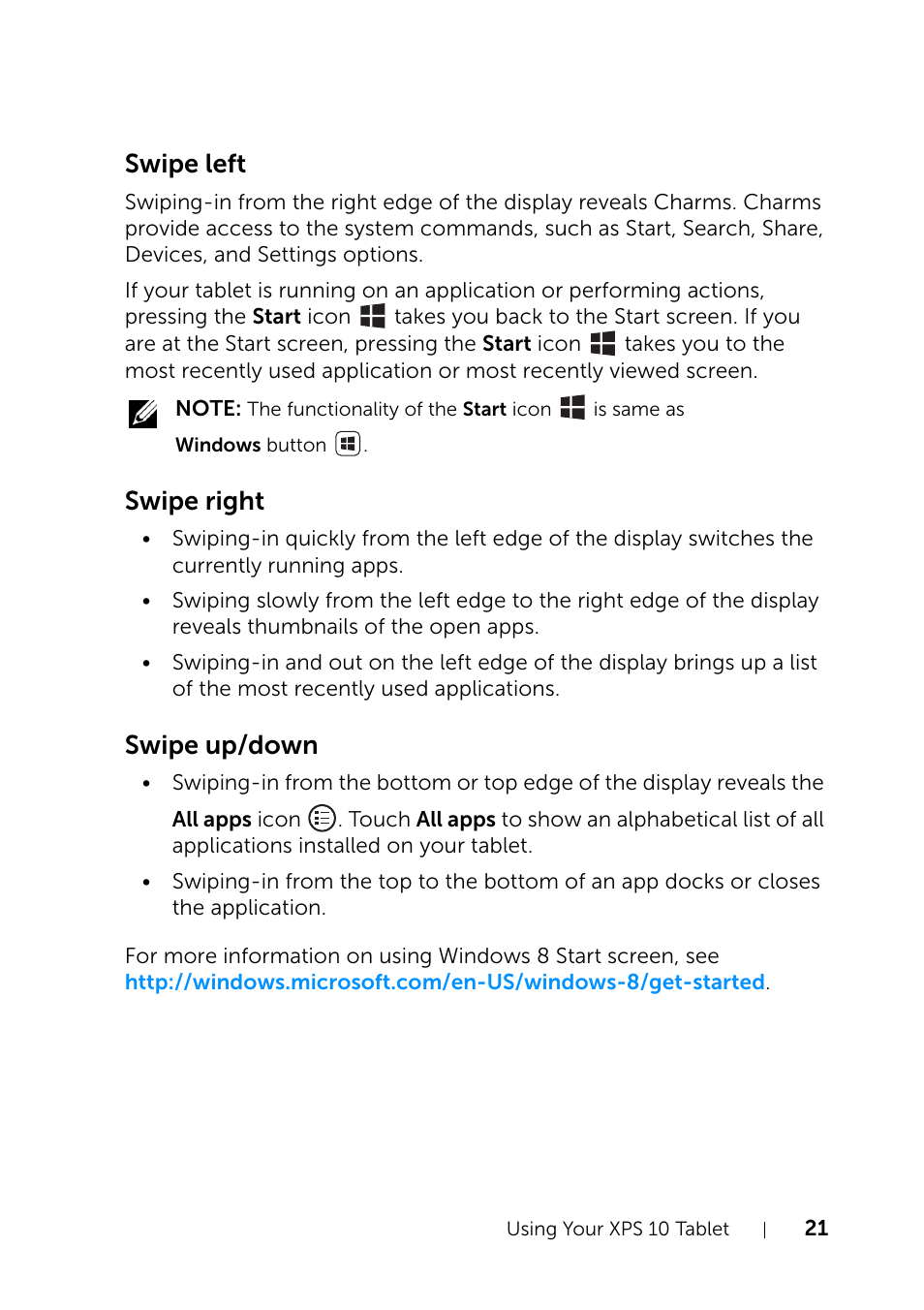 Swipe left, Swipe right, Swipe up/down | Dell XPS 10 Tablet User Manual | Page 21 / 47
