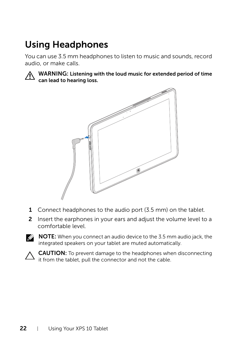 Using headphones | Dell XPS 10 Tablet User Manual | Page 22 / 47