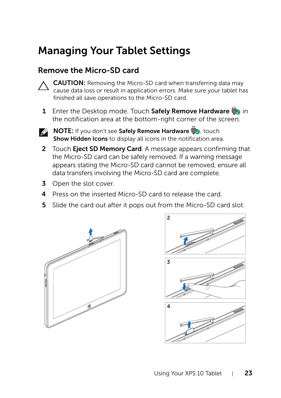 Managing your tablet settings, Remove the micro-sd card | Dell XPS 10 Tablet User Manual | Page 23 / 47
