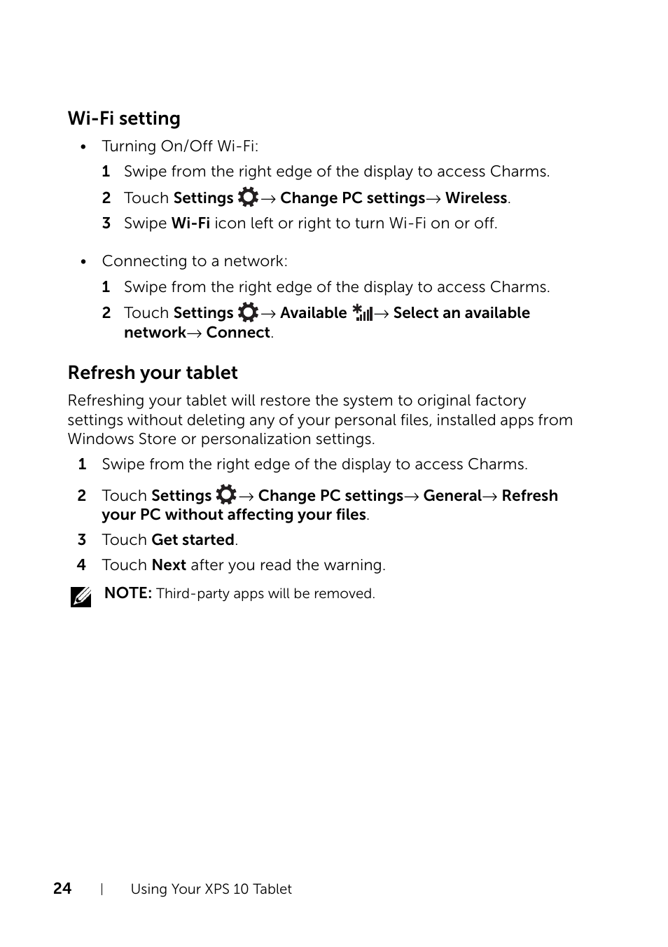 Wi-fi setting, Refresh your tablet | Dell XPS 10 Tablet User Manual | Page 24 / 47