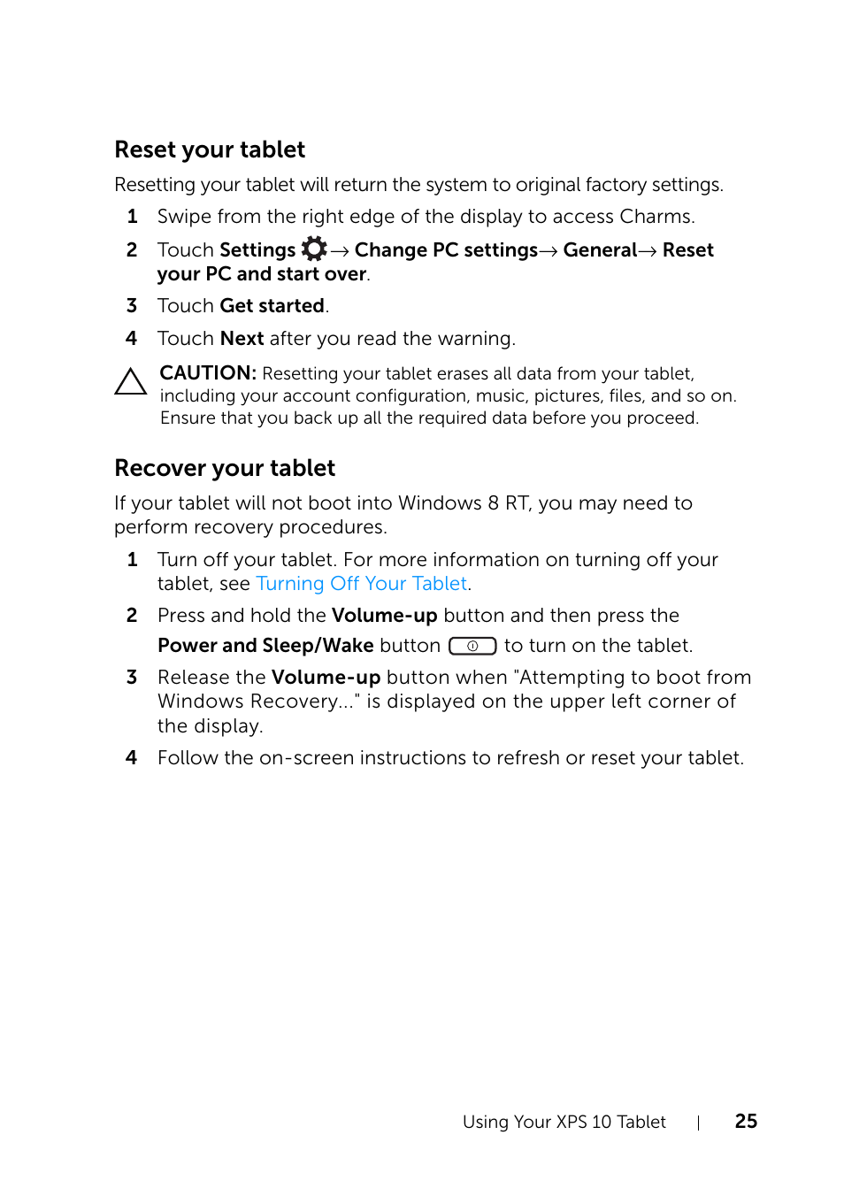 Reset your tablet, Recover your tablet | Dell XPS 10 Tablet User Manual | Page 25 / 47