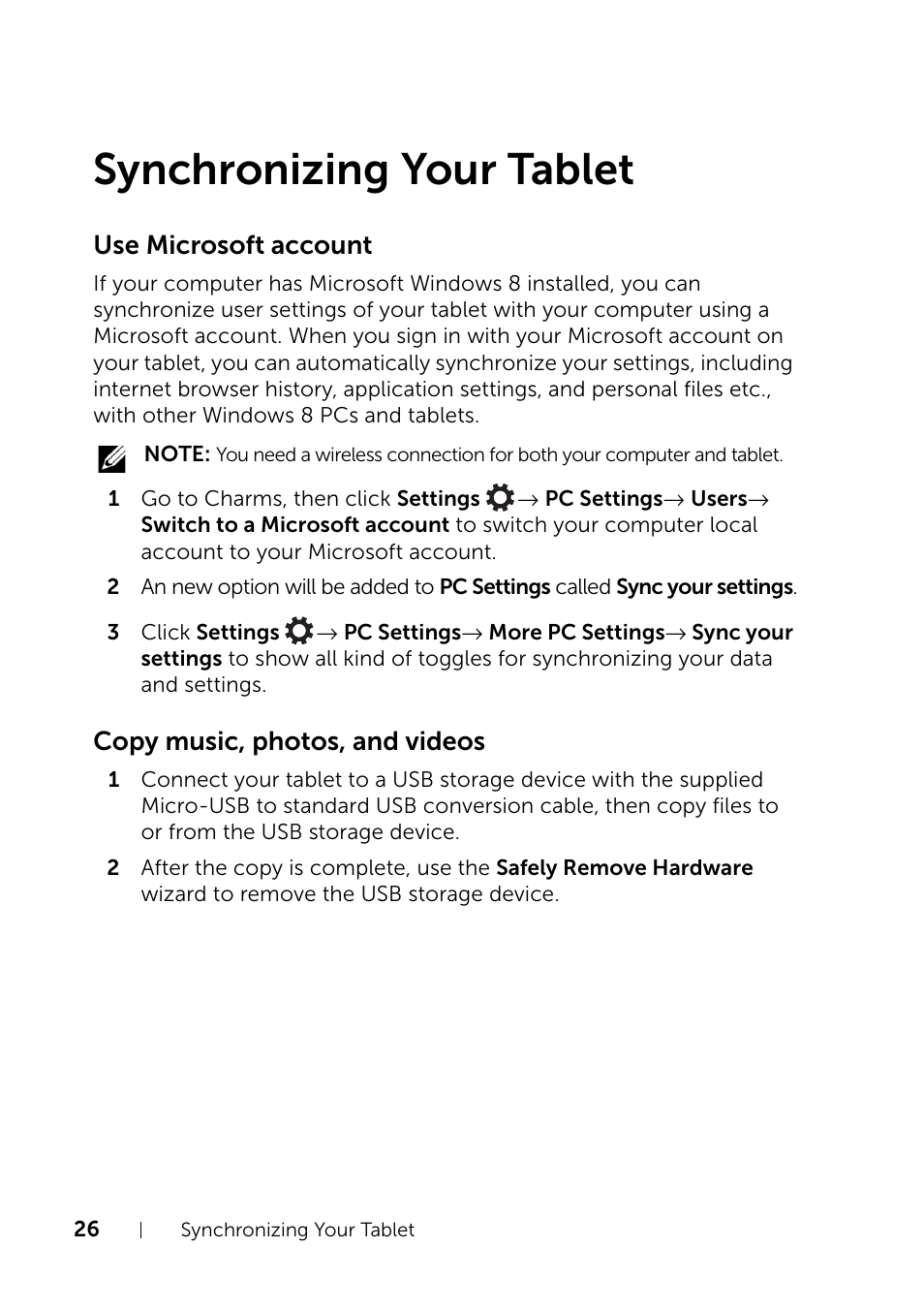 Synchronizing your tablet, Use microsoft account, Copy music, photos, and videos | Dell XPS 10 Tablet User Manual | Page 26 / 47