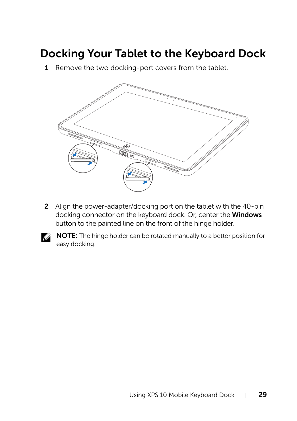 Docking your tablet to the keyboard dock | Dell XPS 10 Tablet User Manual | Page 29 / 47