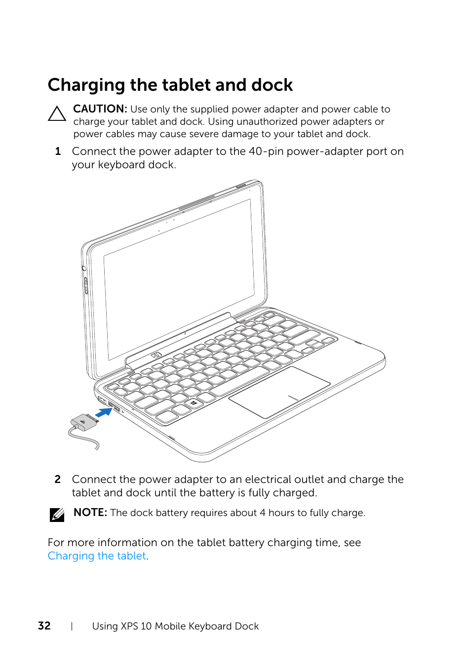 Charging the tablet and dock | Dell XPS 10 Tablet User Manual | Page 32 / 47