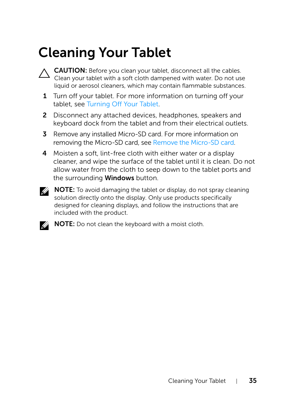 Cleaning your tablet | Dell XPS 10 Tablet User Manual | Page 35 / 47