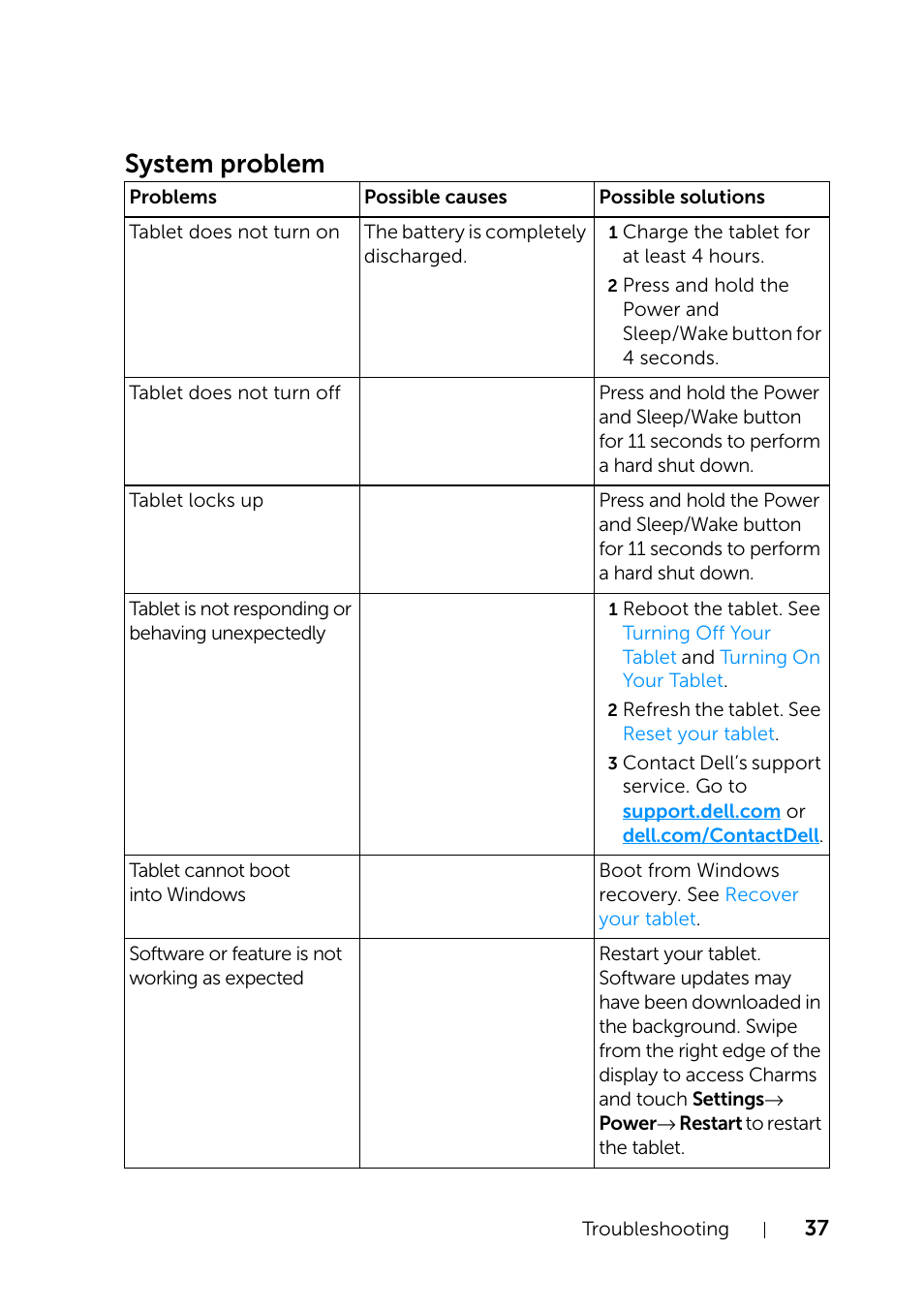 System problem | Dell XPS 10 Tablet User Manual | Page 37 / 47