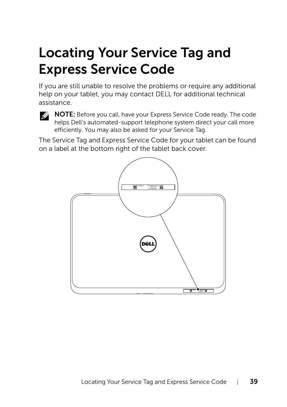 Locating your service tag and express service code, Locating your service tag and express, Service code | Dell XPS 10 Tablet User Manual | Page 39 / 47