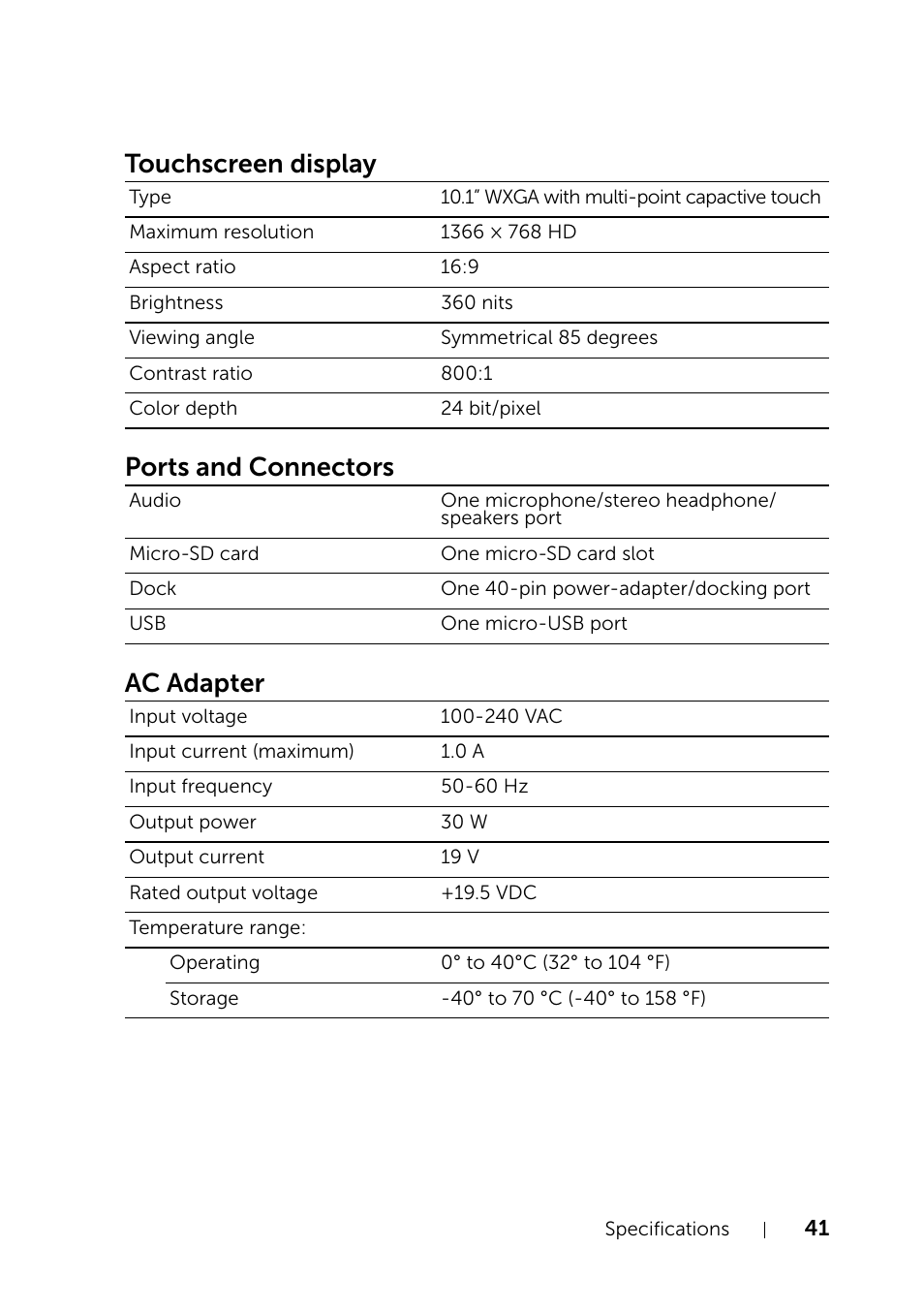 Touchscreen display, Ports and connectors, Ac adapter | Dell XPS 10 Tablet User Manual | Page 41 / 47