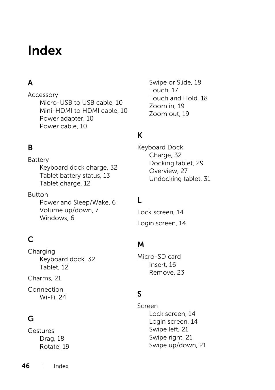 Index | Dell XPS 10 Tablet User Manual | Page 46 / 47