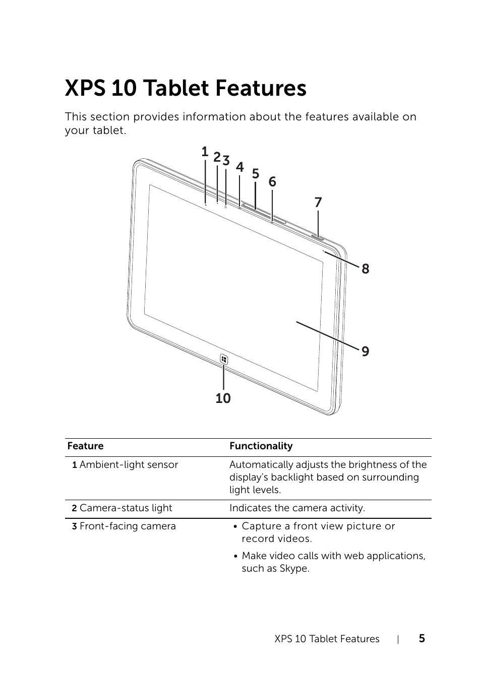 Xps 10 tablet features | Dell XPS 10 Tablet User Manual | Page 5 / 47