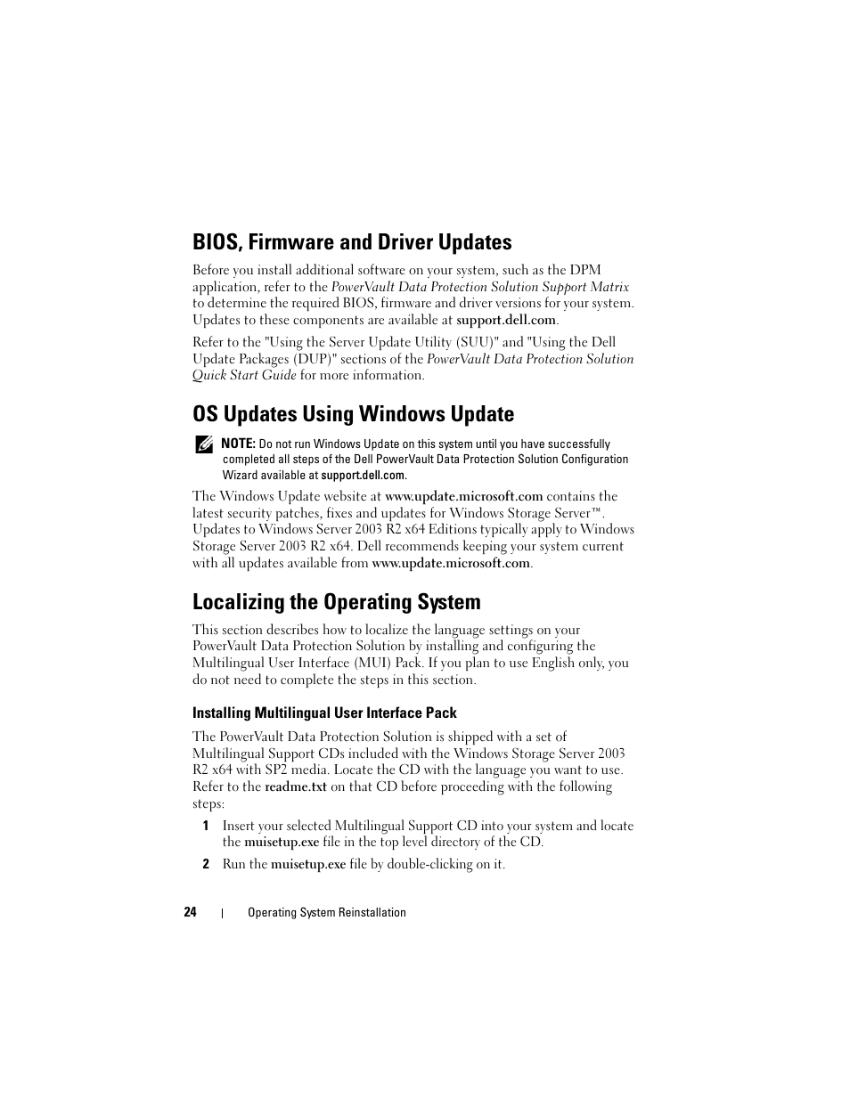 Bios, firmware and driver updates, Os updates using windows update, Localizing the operating system | Dell PowerVault DP600 User Manual | Page 24 / 40