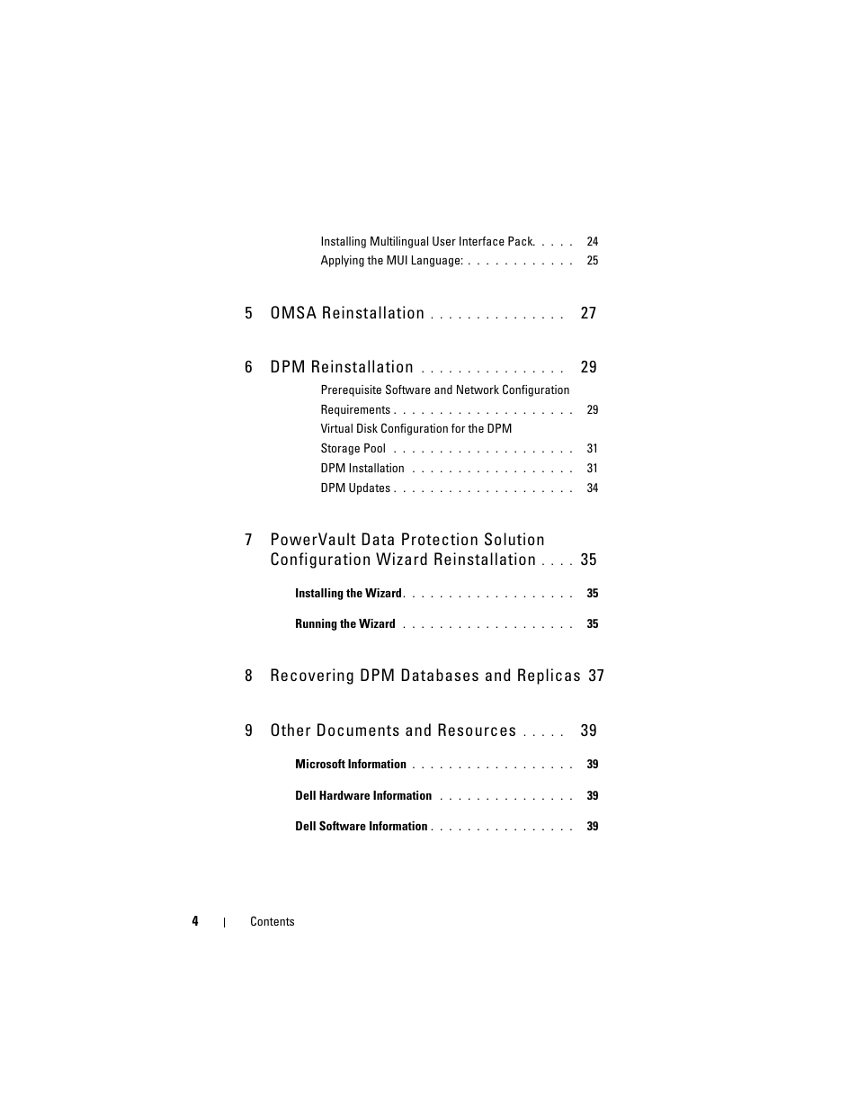5omsa reinstallation, 27 6 dpm reinstallation, 8recovering dpm databases and replicas | 37 9 other documents and resources | Dell PowerVault DP600 User Manual | Page 4 / 40