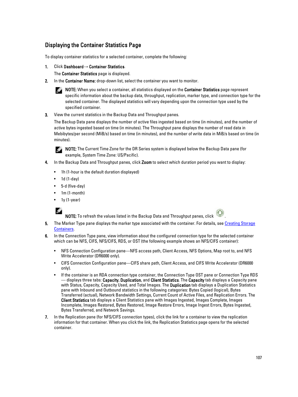 Displaying the container statistics page | Dell PowerVault DR2000v User Manual | Page 107 / 191