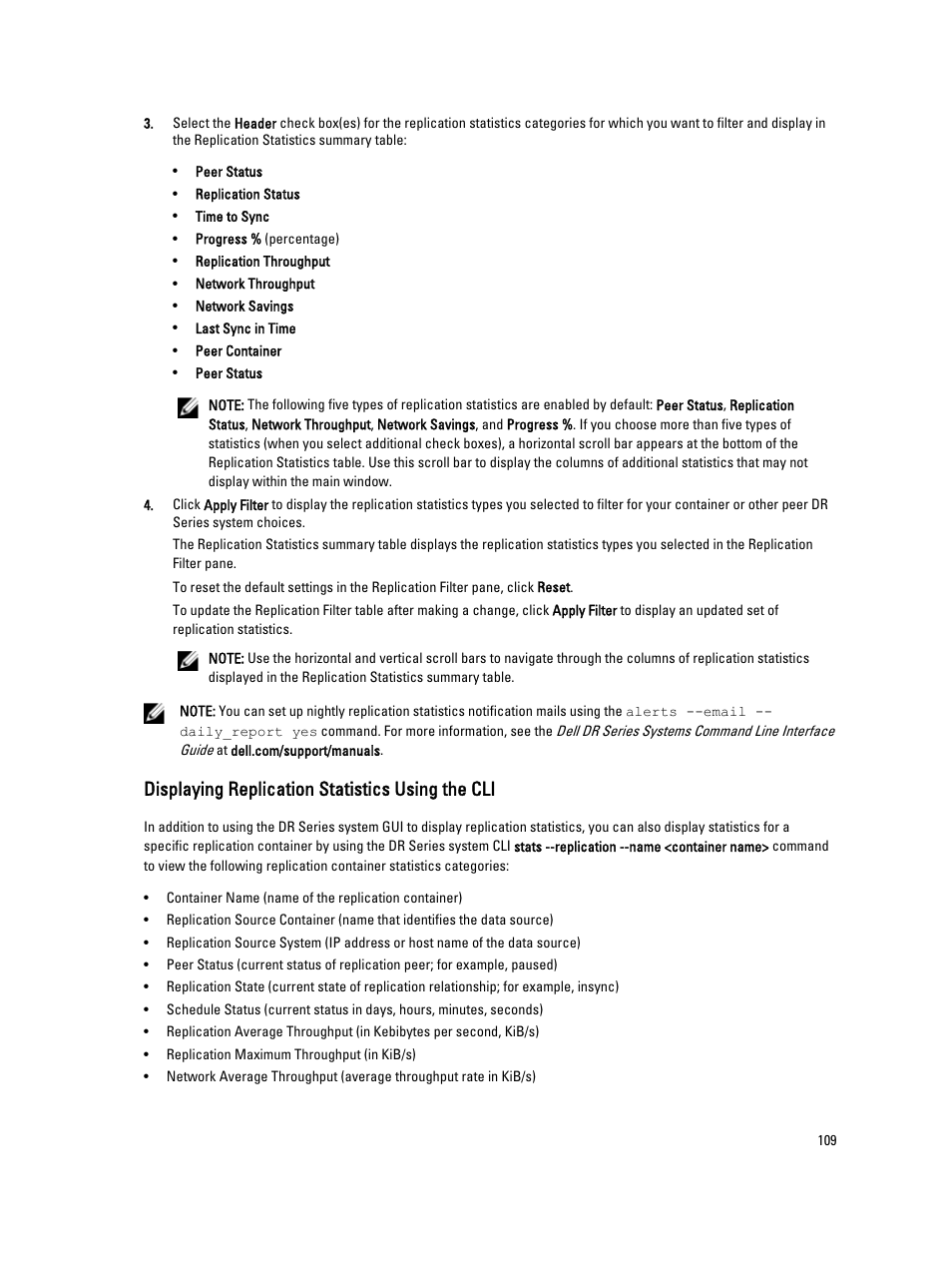 Displaying replication statistics using the cli | Dell PowerVault DR2000v User Manual | Page 109 / 191