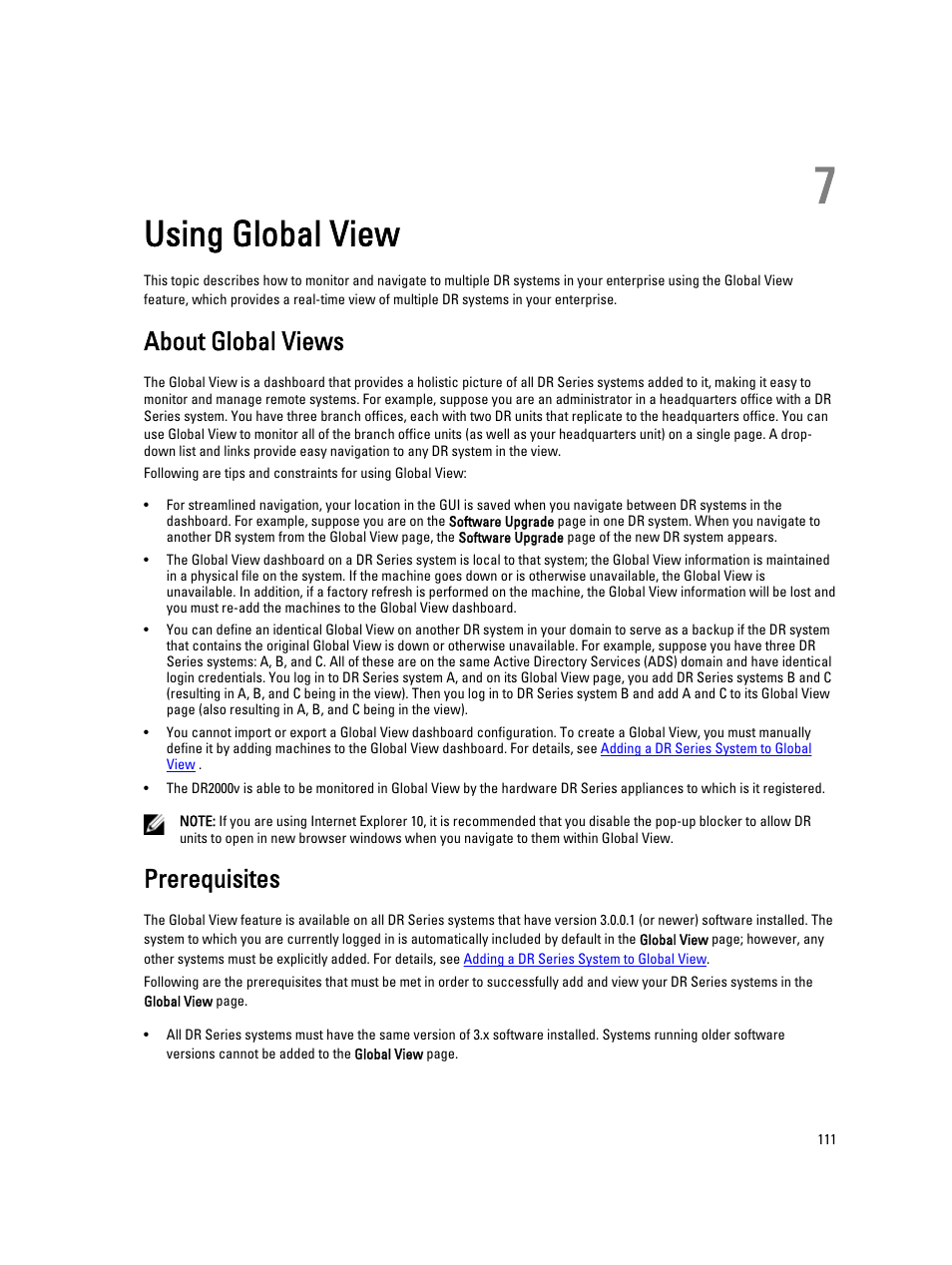 Using global view, About global views, Prerequisites | 7 using global view | Dell PowerVault DR2000v User Manual | Page 111 / 191