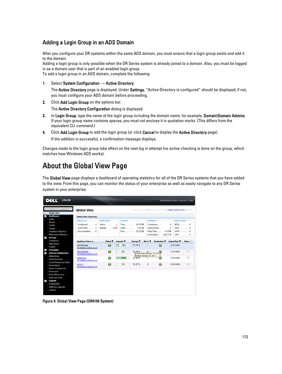 Adding a login group in an ads domain, About the global view page | Dell PowerVault DR2000v User Manual | Page 113 / 191