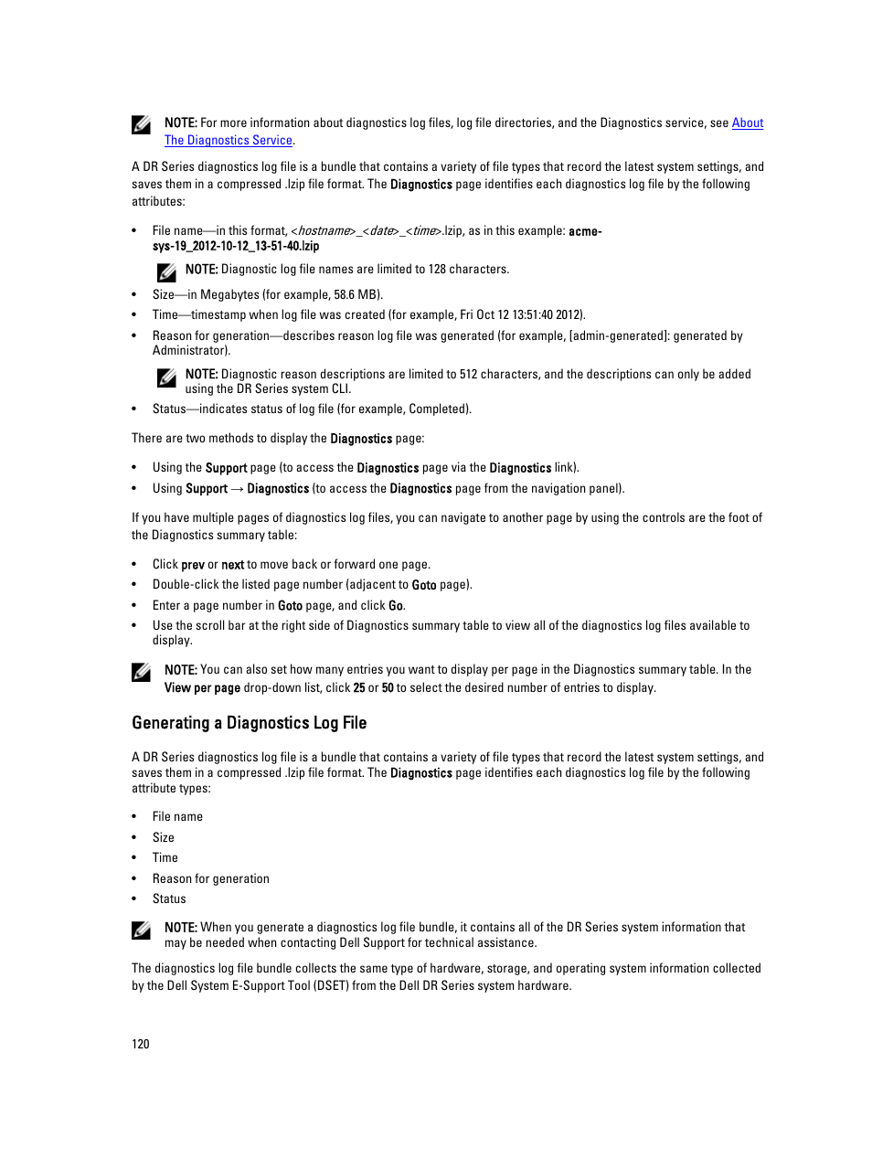 Generating a diagnostics log file | Dell PowerVault DR2000v User Manual | Page 120 / 191