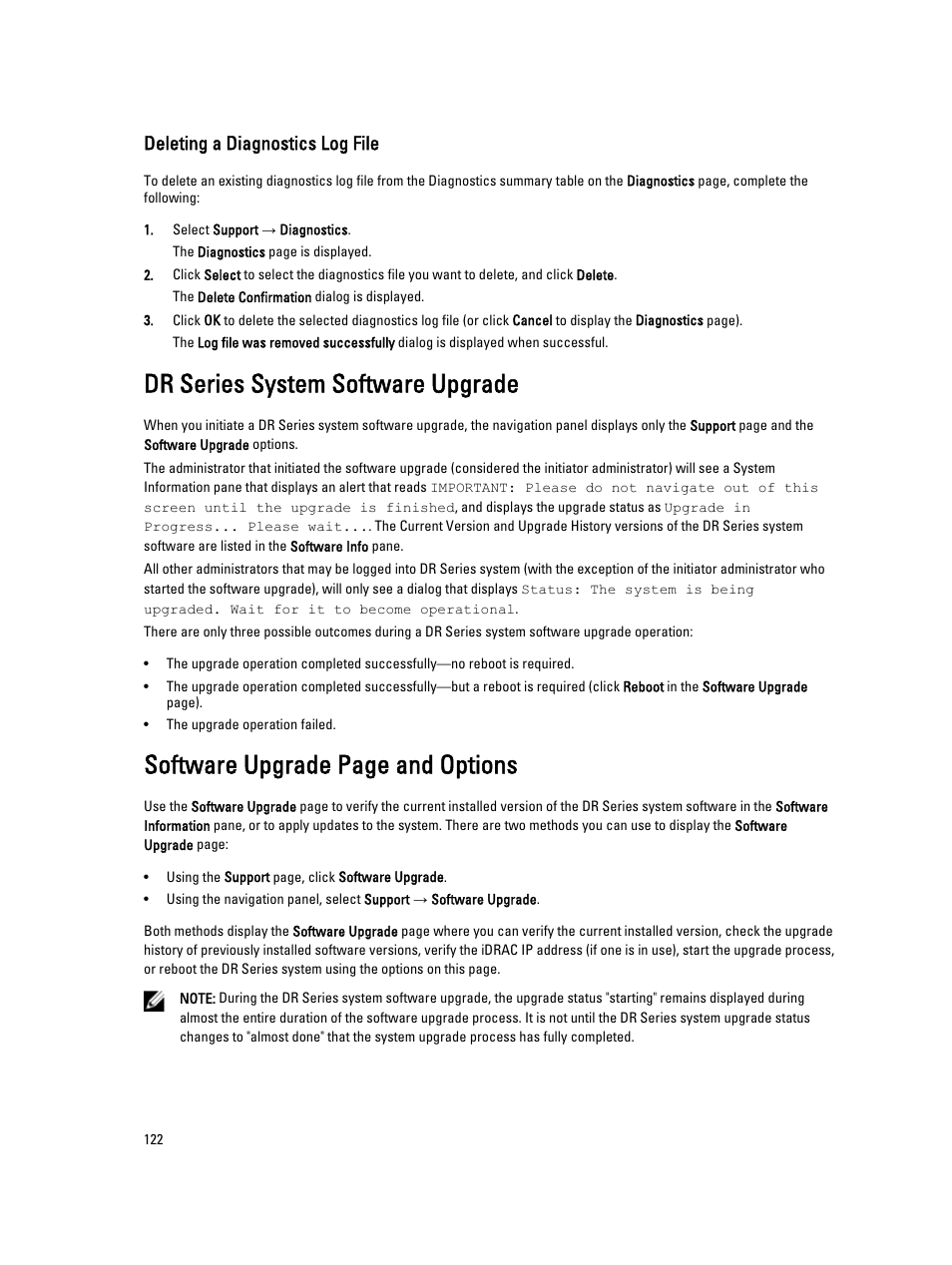 Deleting a diagnostics log file, Dr series system software upgrade, Software upgrade page and options | Dell PowerVault DR2000v User Manual | Page 122 / 191